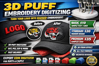 do professional 3d puff embroidery digitizing into dst,pes