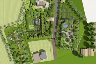visualize conceptual master plan, retreat farm desert resort, 2d to 3d landscape