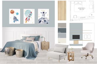 design a creative and functional kids bedroom moodboard