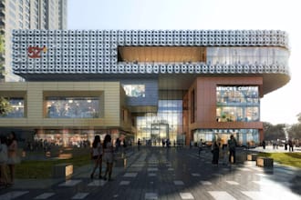 render 3d urban retail complex, shopping center, strip mall, superstore exterior