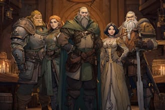 do group party character art, dnd party