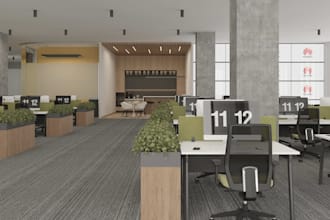 redesign commercial space interior, office 3d rendering, coffee area,workstation