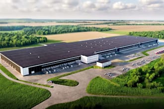 remodel warehouse exterior rendering, industrial landscape design, storage space