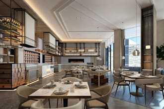 stylish 3d lobby restaurant,hotel foyer render,beverage lounge,coffee bar design