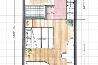 create a hand drawn watercolor floor plan for interior spaces