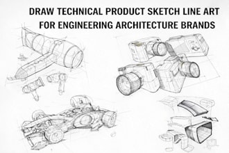 draw technical product sketch line art for engoneering architectural brands