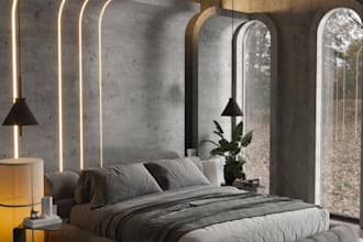 design a modern bedroom interior with realistic 3d render