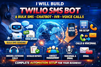 build integrate twilio sms bot or bulk SMS or voice calls, chatbot, IVR