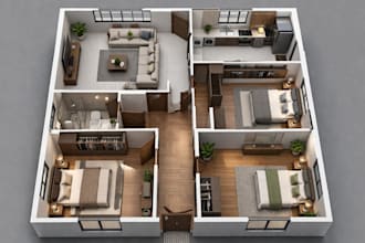 create realistic 3d floor plan render for real estate