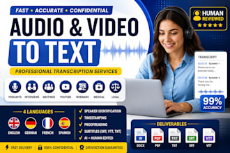 do audio video transcription in english german french and spanish