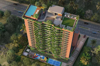 design high rise building,putting green,golf course backyard,cgi front elevation