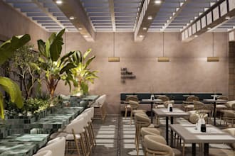 aesthetic3dcafe interior,coffee shop,bakery render,biophilic design,dining space
