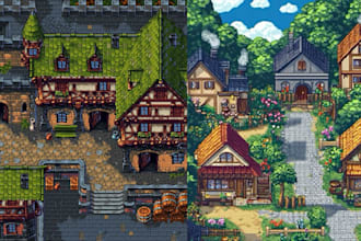 create pixel art topdown tileset game environment,  pixel character 64bit 32x32