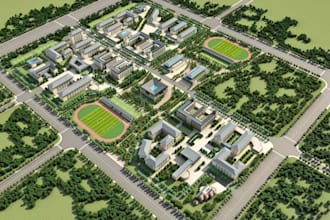 render 3d aerial view academic campus,community development,cgi urban masterplan