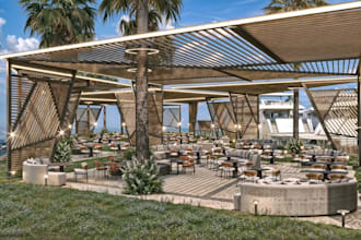 design 3d outdoor restaurant,render café booth,modern food court,water view café