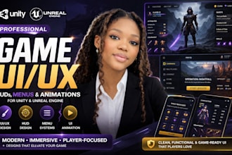 ui ux design, hud, menu and animation for unity or unreal engine game