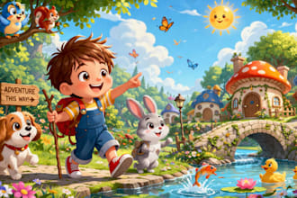 draw cute, funny cartoon children book illustration kid story cartoon art style