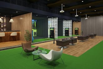 function indoor golf simulator,interior basement layout,trackman golf,cgi render