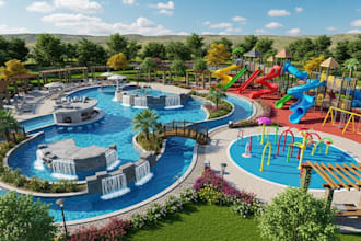 do  3d amusement park, play park, exterior design, water park, theme park render