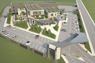 update 3d commercial masterplan,industrial office building,cgi exterior park lot
