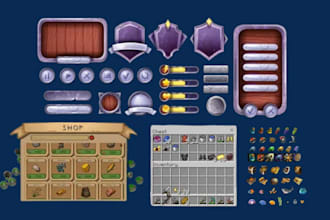 do 2d pixel art game UI, menus, hud, icon, button, interface element for 2d game