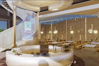 create 3d restaurant interior, café, bar, coffee shop night bar, pub rendering