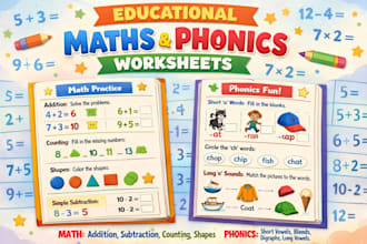 design engaging kids activity math worksheets, phonics, and preschool learning