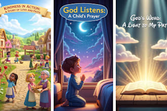 design 3d christian book illustration, 3d christian kids story book illustration