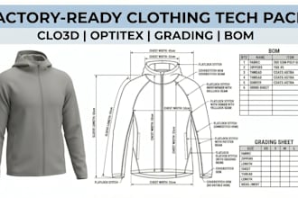 create apparel tech pack with grading and bom for garment manufacturing