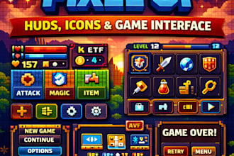 design pixel UI, game hud, icons and retro interface for your game