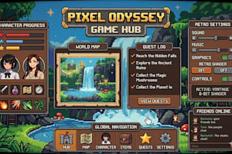 design pixel UI, game hud, icons and retro interface for your game