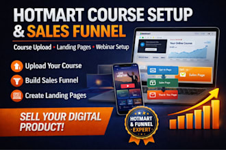 create hotmart course upload, sales funnel, landing page and webinar setup