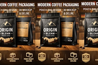 design modern coffee packaging, pouch bag design 3d mockup mylar bag and dieline