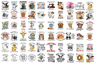 provide 50 plus funny sarcastic quotes png bundle for t shirt design