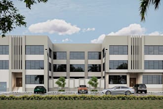renovate 3d commercial building,render school exterior, college hostel,landscape