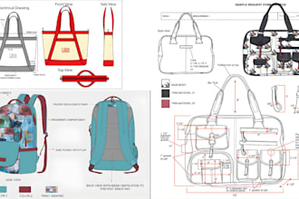 design any bags handbag tote bag wallet technical drawing flat sketch techpack