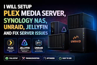 setup plex media server, synology nas, unraid, jellyfin and fix server issues