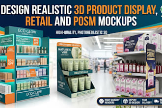 design realistic 3d product display, retail and posm mockups