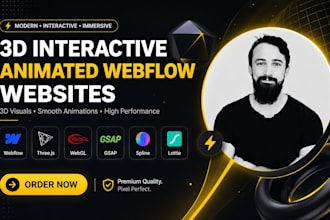 3d interactive animated webflow website, threejs, webgl, gsap, spline, lottie
