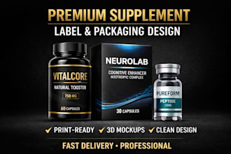 create high end supplement bottle label and box packaging design for medic