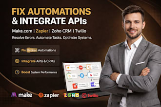 fix makecom scenarios, zapier zaps, automate zoho CRM, integrate apis and twilio