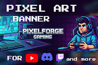 design pixel youtube banner, gaming channel banner for twitch, steam capsule