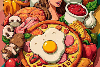 draw food, recipes, covers for cookbook, blog, menu