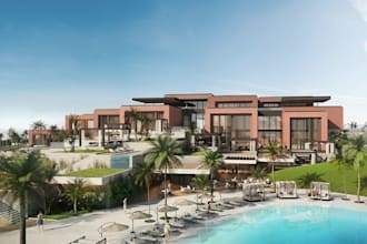 render hillside hotel,modern resort living, facade building,architectural design
