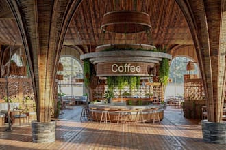 update3d rustic restaurant interior,sitting layout,buger shop,outdoor bar design