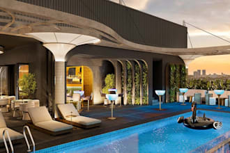recreate luxury rooftop lounge,bar restaurant design,poolside terrace,cgi render
