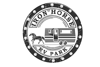 make powerful horse pulling logo with looking rv trailer