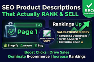 write SEO product descriptions that rank on shopify, amazon, etsy listings