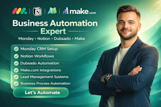 setup and automate monday com CRM, notion, dubsado and make com workflows