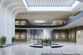 modernize 3d minimalist art gallery,open plan interior,venue hall,museum render